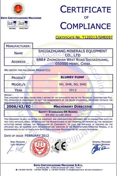 Chine Shijiazhuang Minerals Equipment Co. Ltd Certifications